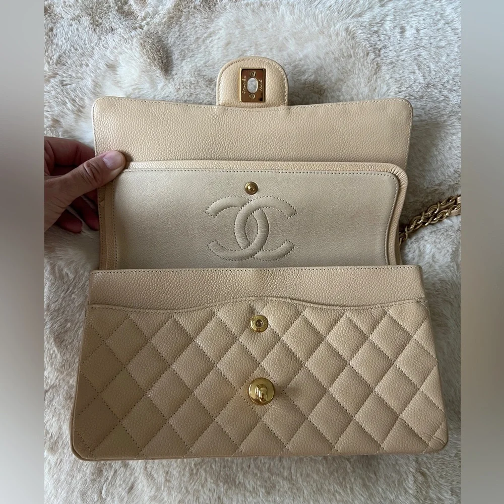 CHANEL Caviar Quilted Medium Double Flap Beige with golden hardware